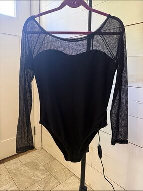 Black Sheer Lace Long-Sleeve Bodysuit with Sweetheart Neckline